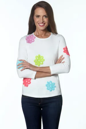 White Cotton Sweater with Floral Detail