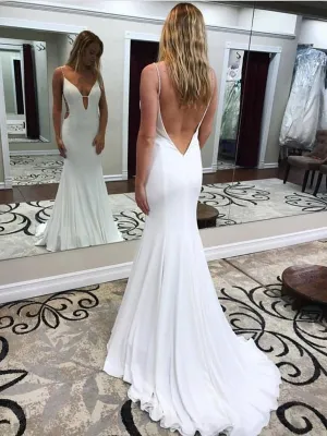 White Deep V Neck Mermaid Backless Long Prom with Sweep Train, White Backless Formal, White Evening