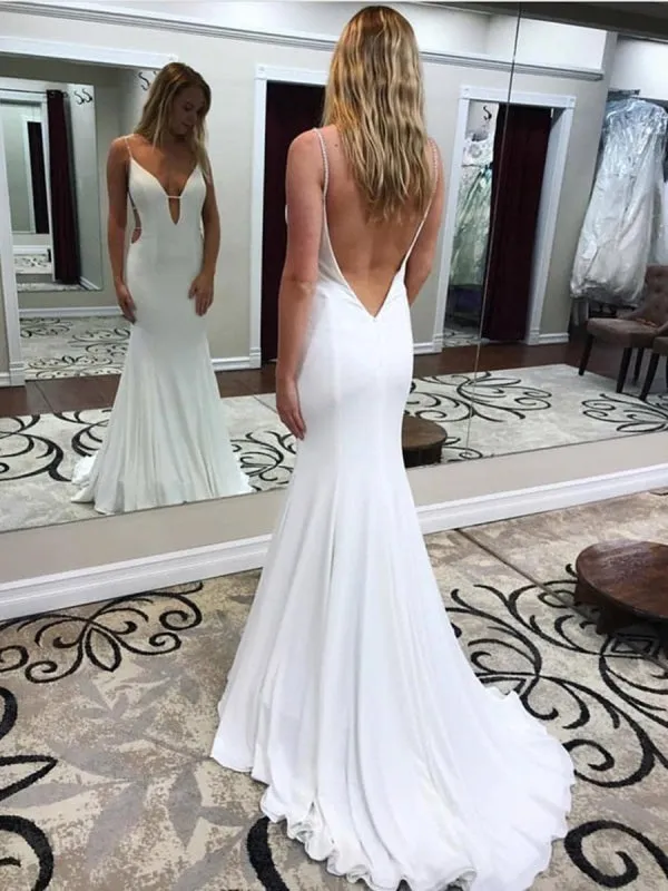 White Deep V Neck Mermaid Backless Long Prom with Sweep Train, White Backless Formal, White Evening