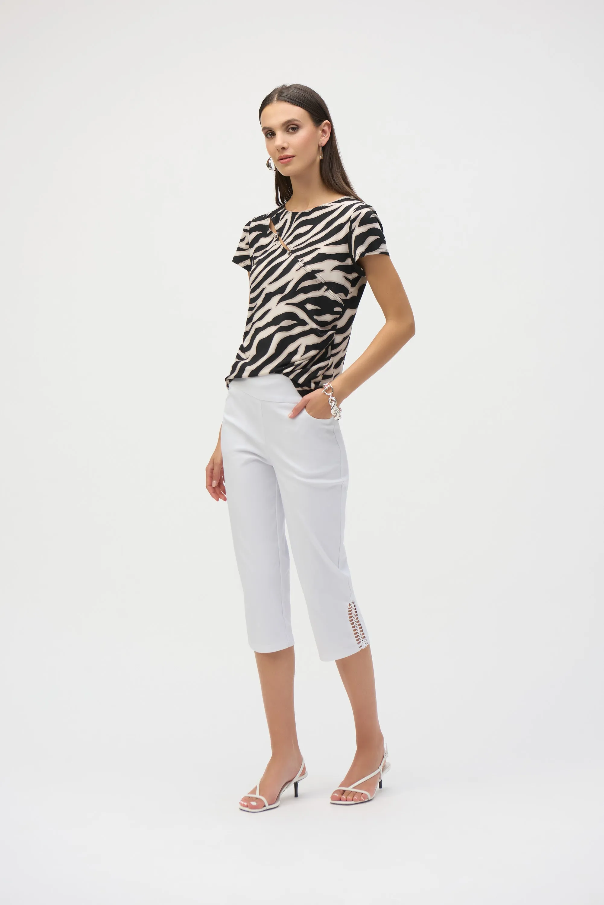 White Millennium Capri Pull-On Pants with Guipure Lace Trim
