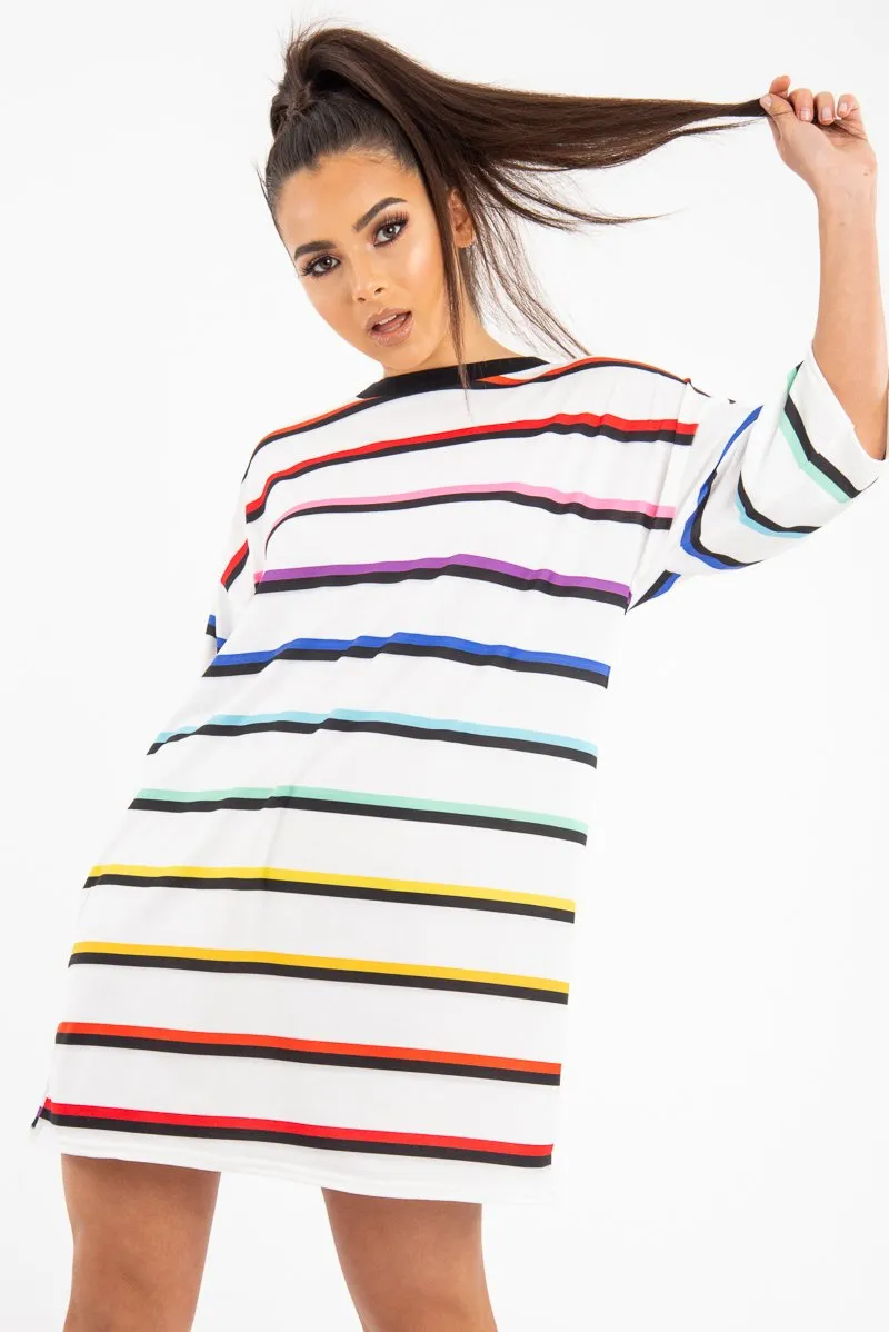 White Rainbow Stripe Oversized T-Shirt Dress - Avriella