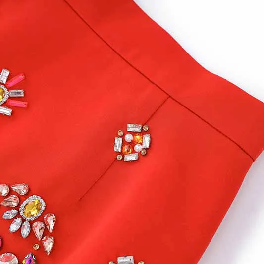 Women Beaded Red Mini Skirt Suit Crstyal Embellished Two Pieces Set