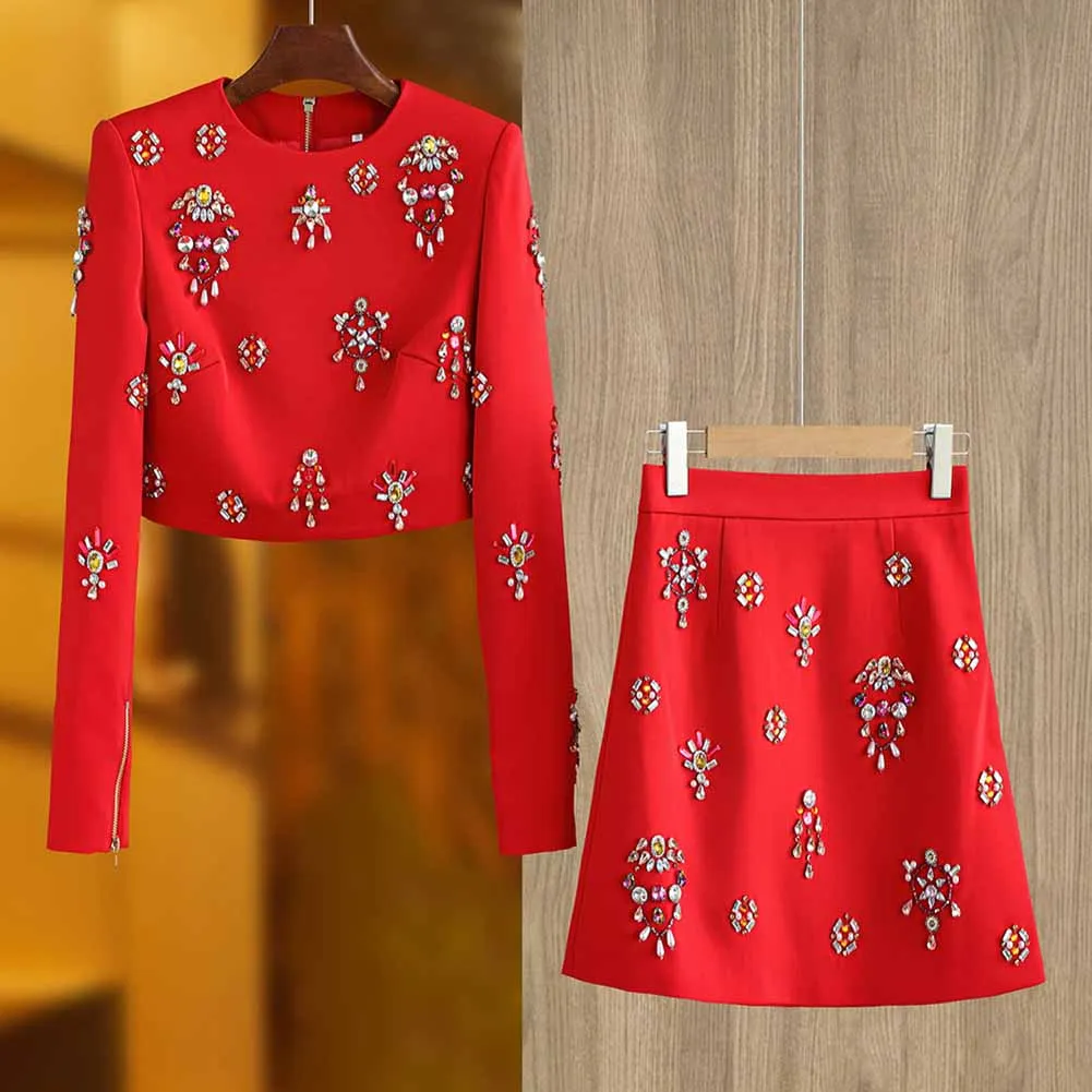 Women Beaded Red Mini Skirt Suit Crstyal Embellished Two Pieces Set