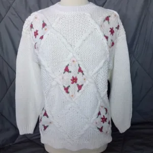Women's Needles &amp; Yarn Sweater Oversized Multi Knit Floral White Sweater Ribbed