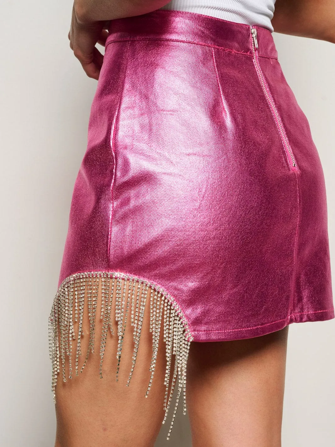 WOMEN'S ZIP UP SIDE FRINGE DETAILED METALLIC MINI SKIRT