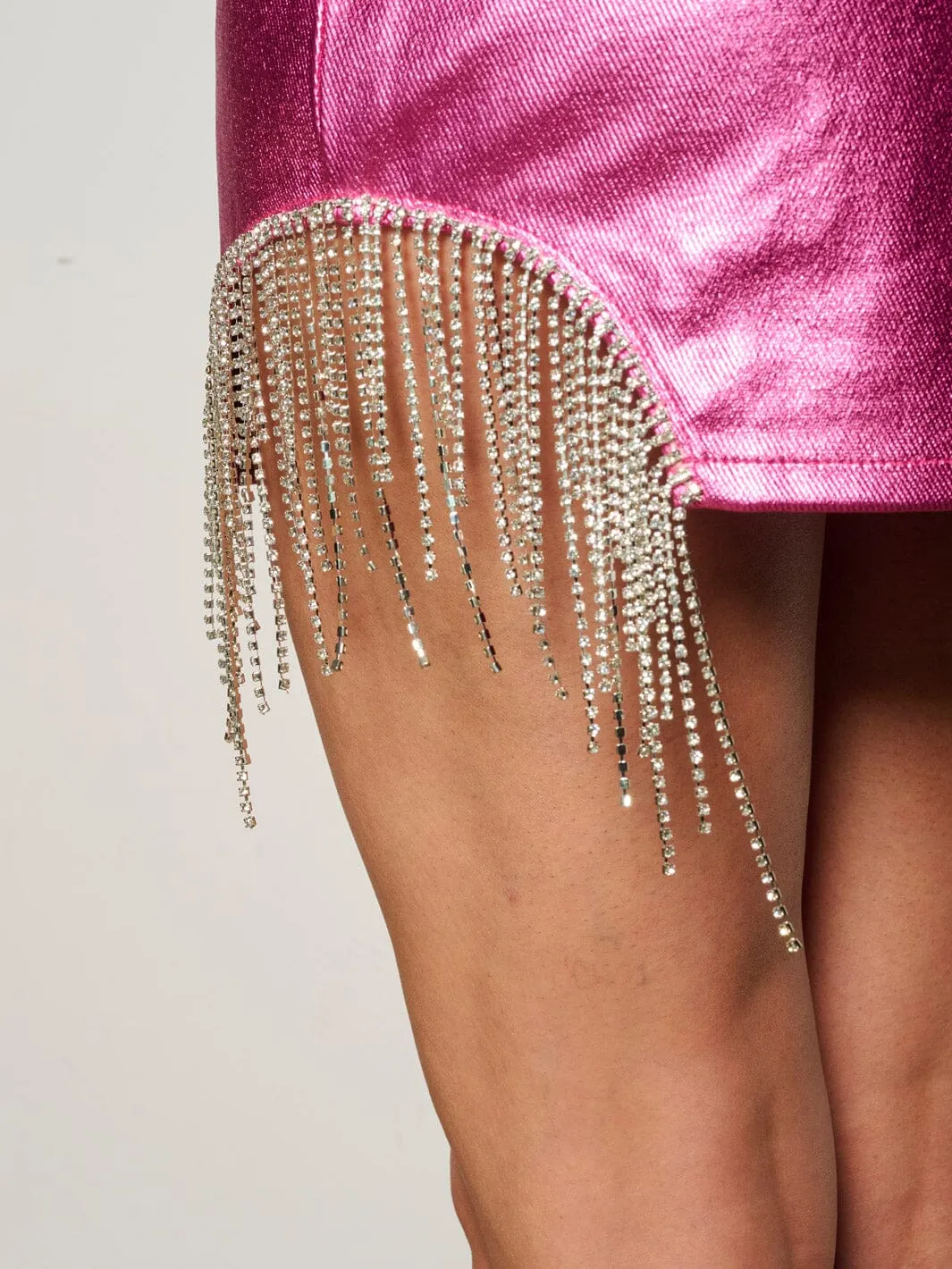 WOMEN'S ZIP UP SIDE FRINGE DETAILED METALLIC MINI SKIRT