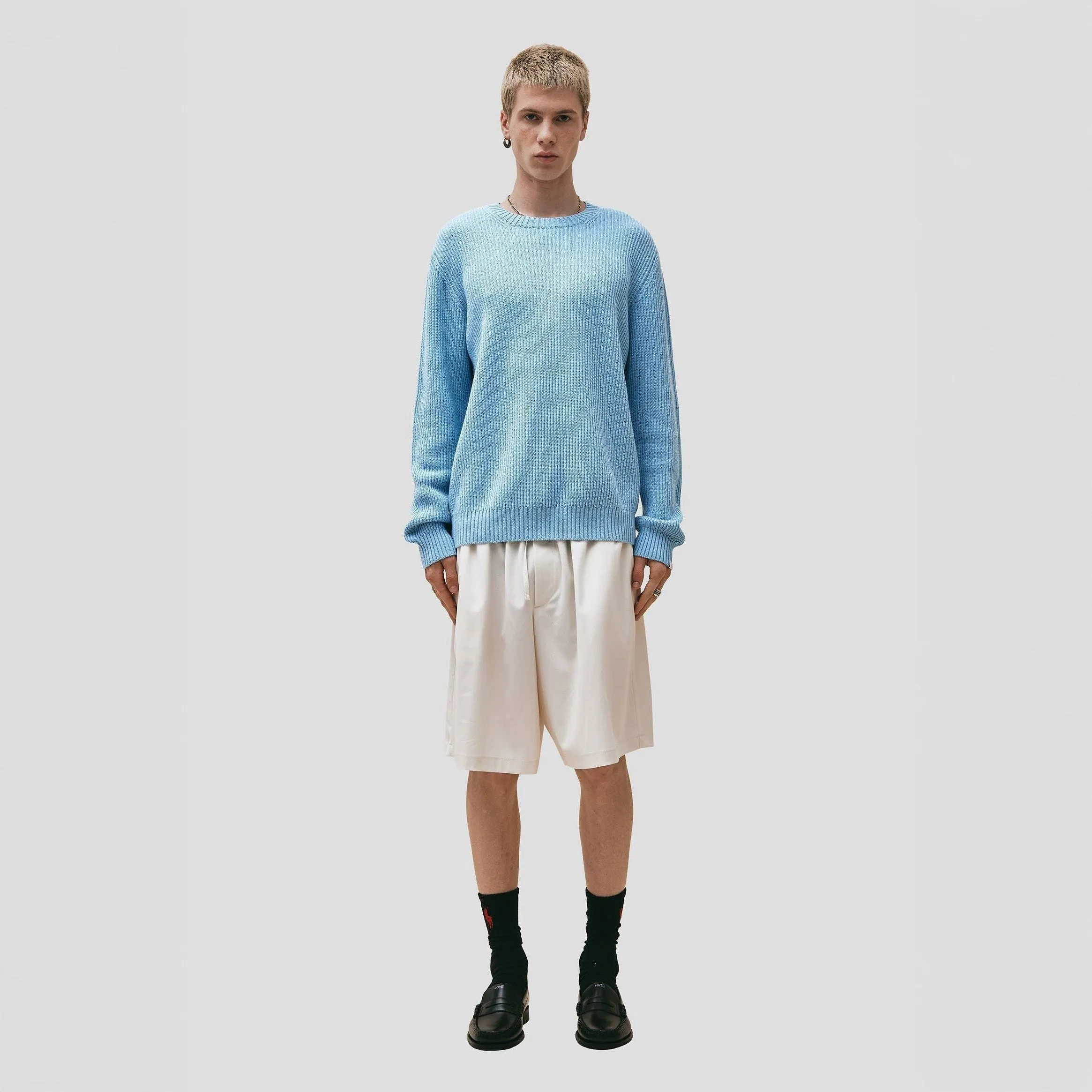 Wool Cotton Crewneck Sweater, Azzurro