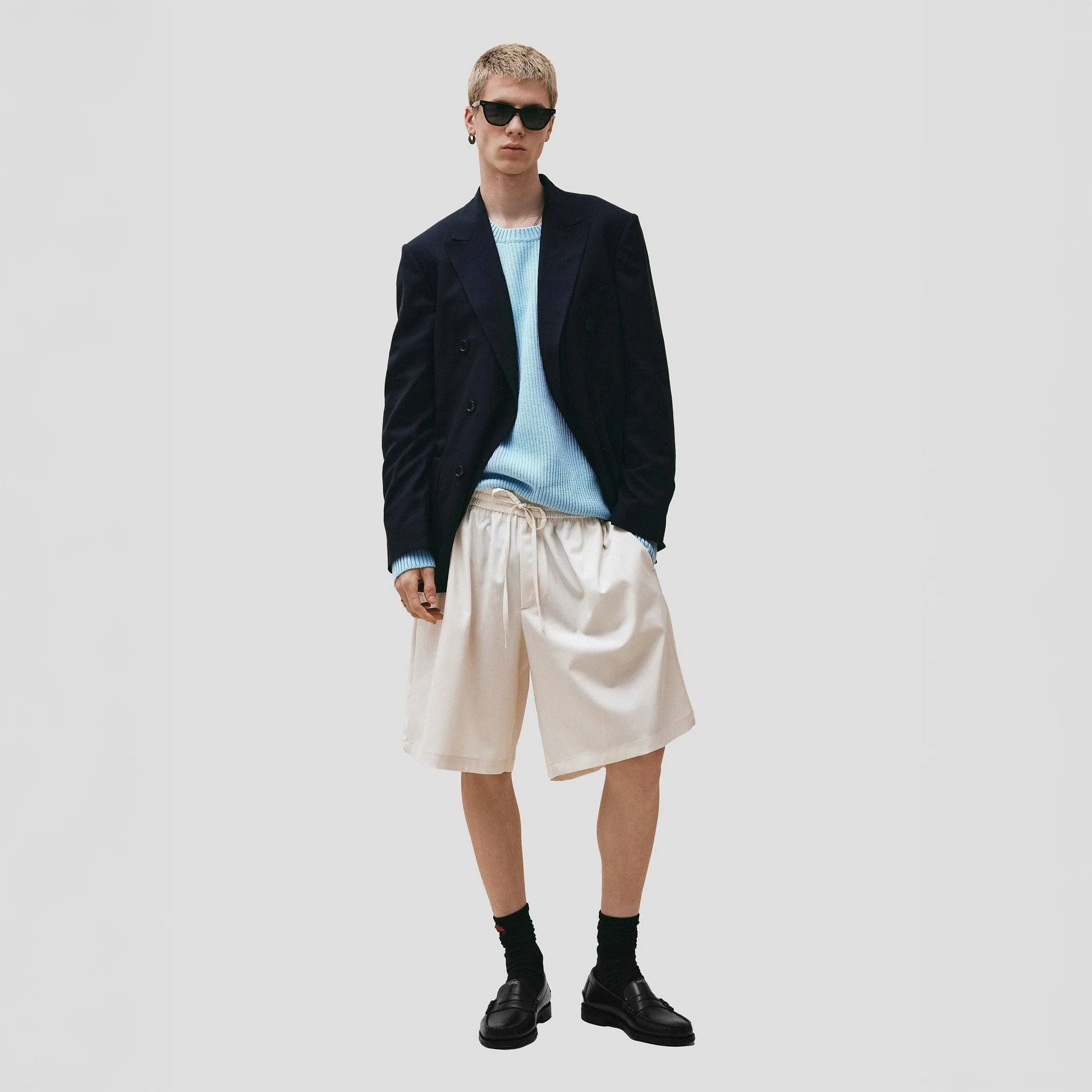 Wool Cotton Crewneck Sweater, Azzurro