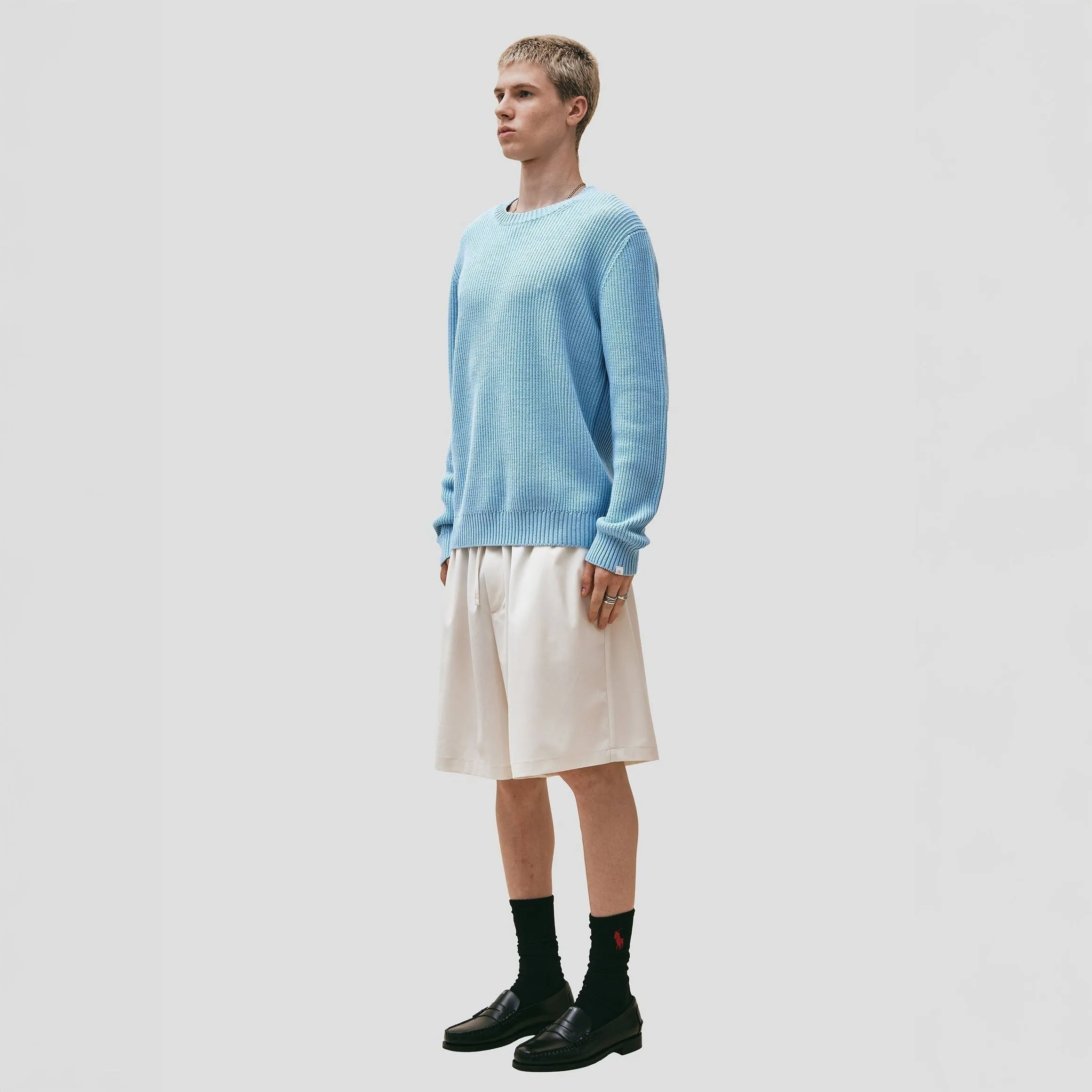 Wool Cotton Crewneck Sweater, Azzurro