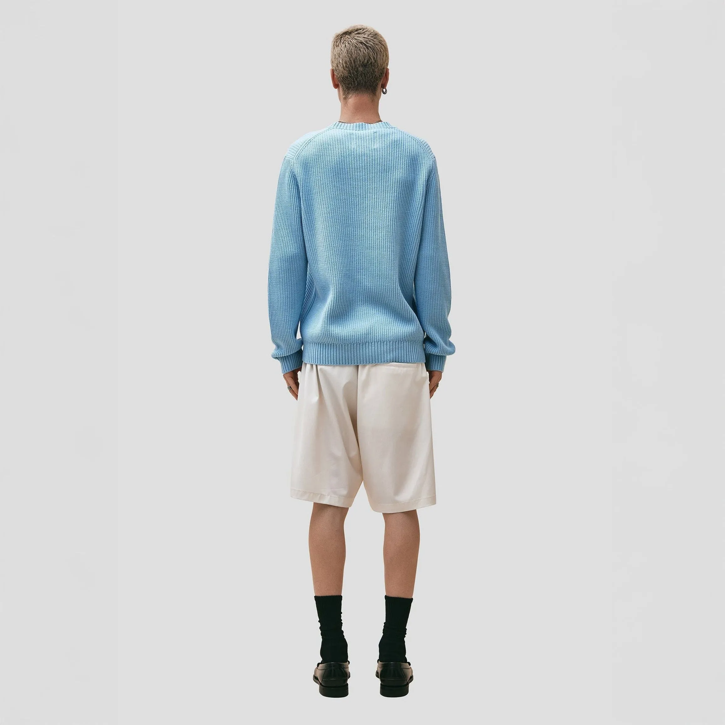 Wool Cotton Crewneck Sweater, Azzurro