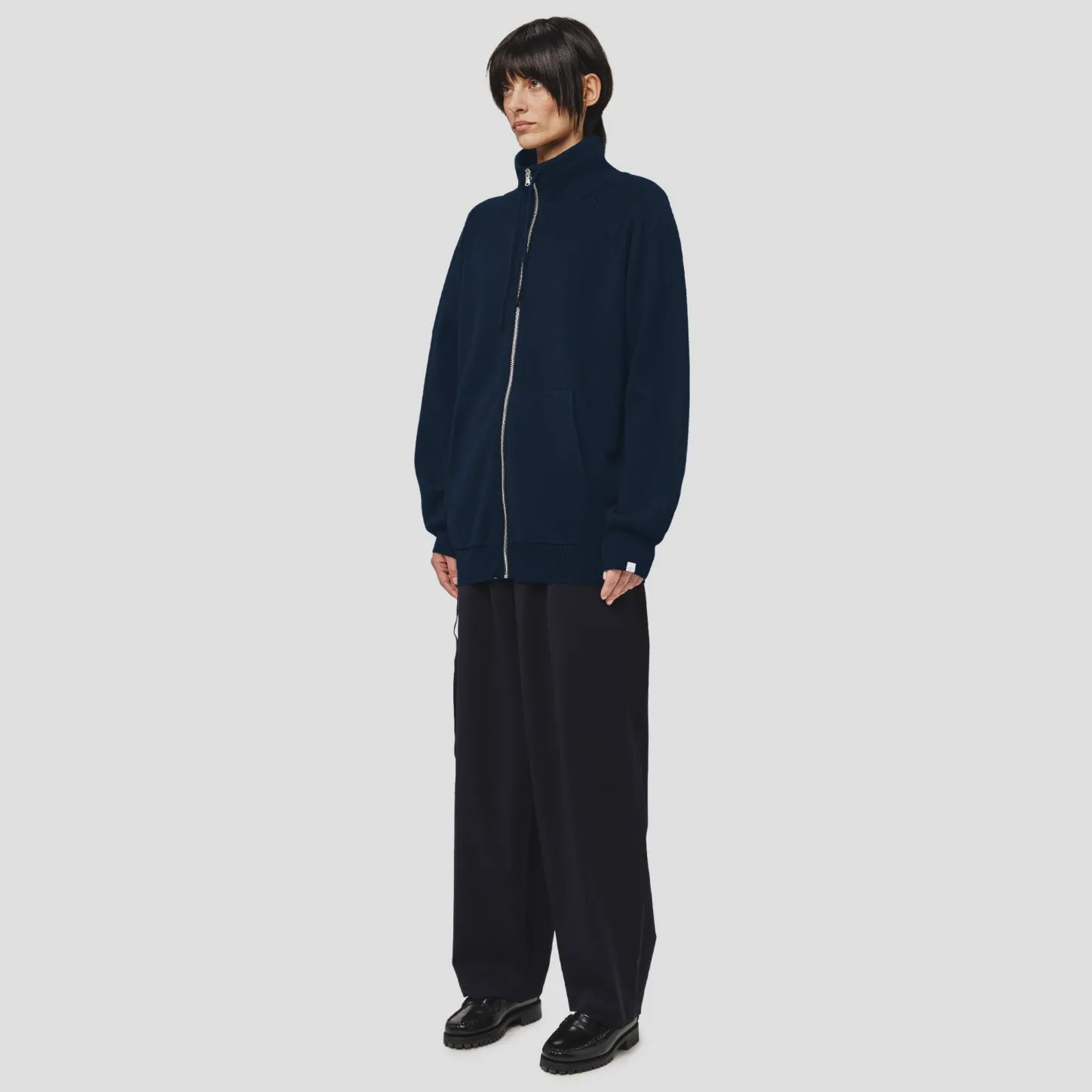 Wool Cotton Full Zip Sweater, Blu