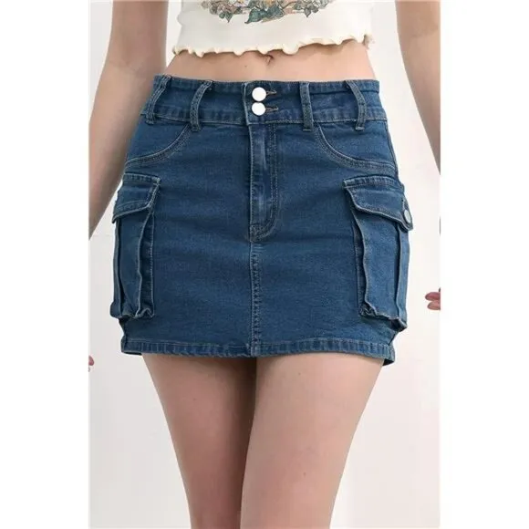 Y2K Dark Wash Cargo Denim Mini Skirt Low Waist Extra Short Bodycon Skirt