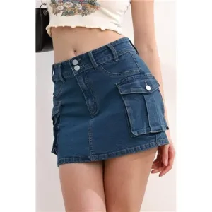Y2K Dark Wash Cargo Denim Mini Skirt Low Waist Extra Short Bodycon Skirt