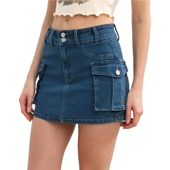 Y2K Dark Wash Cargo Denim Mini Skirt Low Waist Extra Short Bodycon Skirt