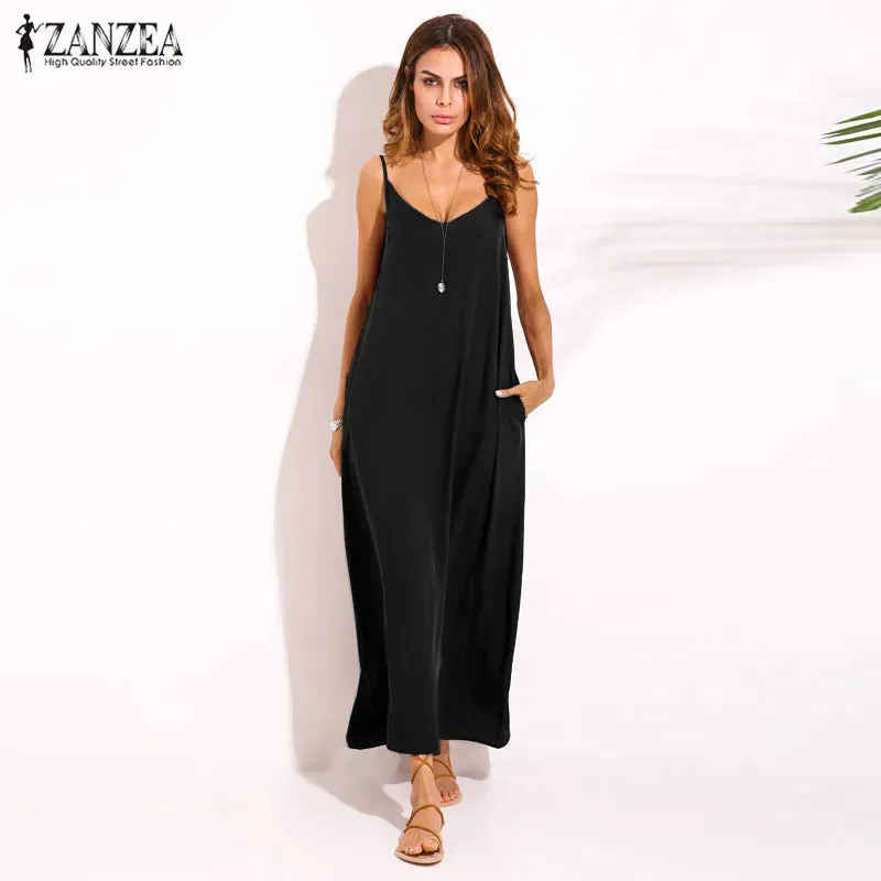 ZANZEA V Neck Sleeveless Casual Loose Long Maxi Dress