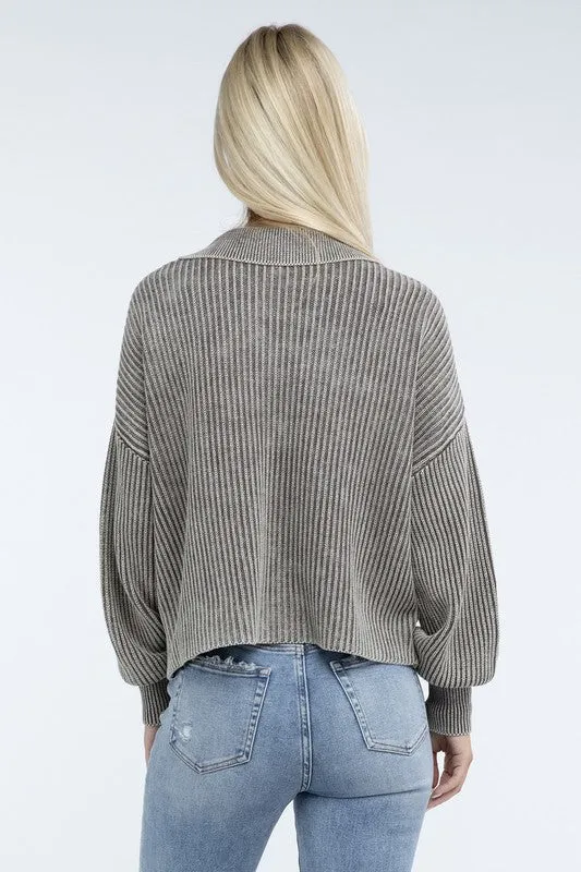 ZENANA Washed Collared Henley Sweater