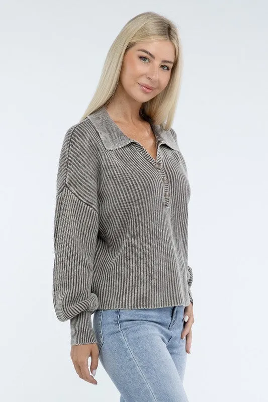 ZENANA Washed Collared Henley Sweater